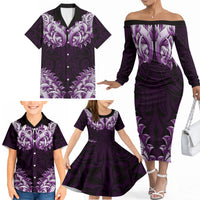 New Zealand Ta Moko Family Matching Off The Shoulder Long Sleeve Dress and Hawaiian Shirt Aotearoa Maori Chest Tattoo Purple LT14 - Polynesian Pride