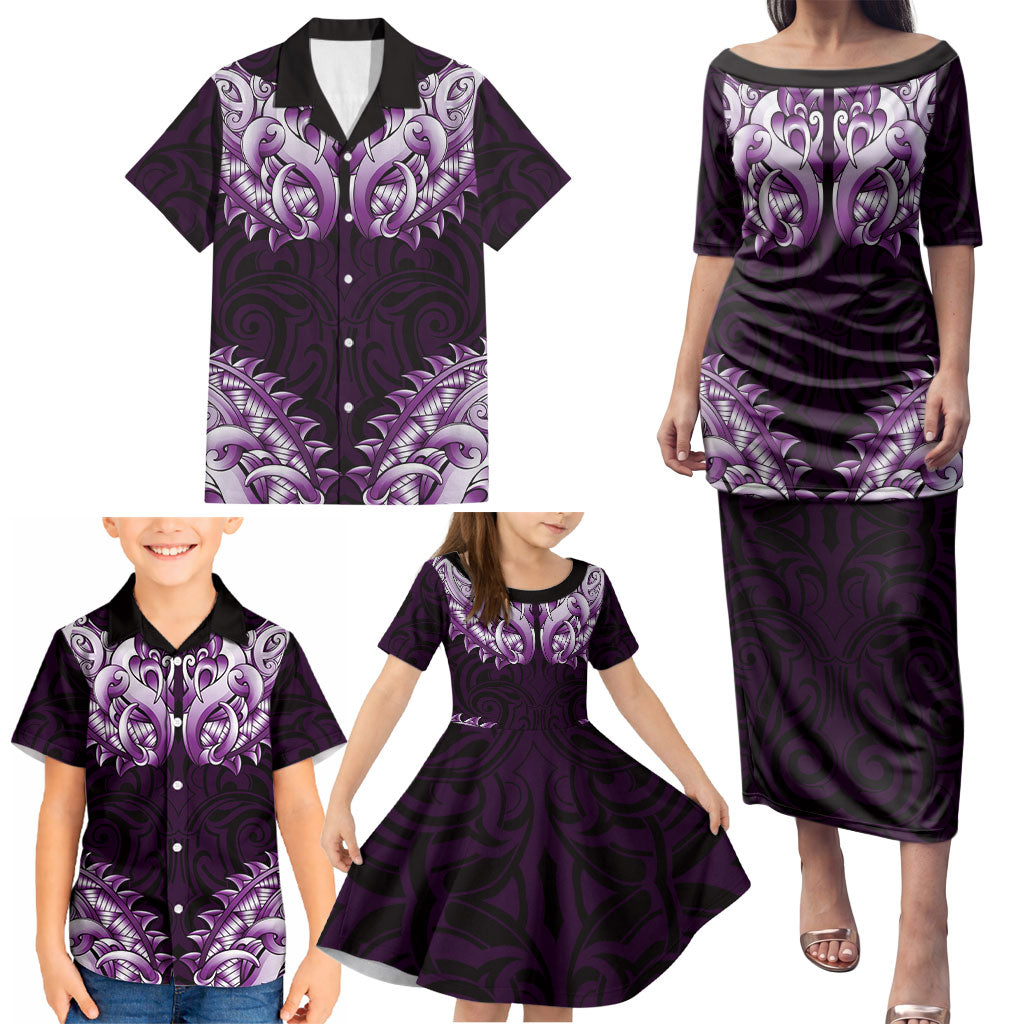 New Zealand Ta Moko Family Matching Puletasi and Hawaiian Shirt Aotearoa Maori Chest Tattoo Purple LT14 - Polynesian Pride