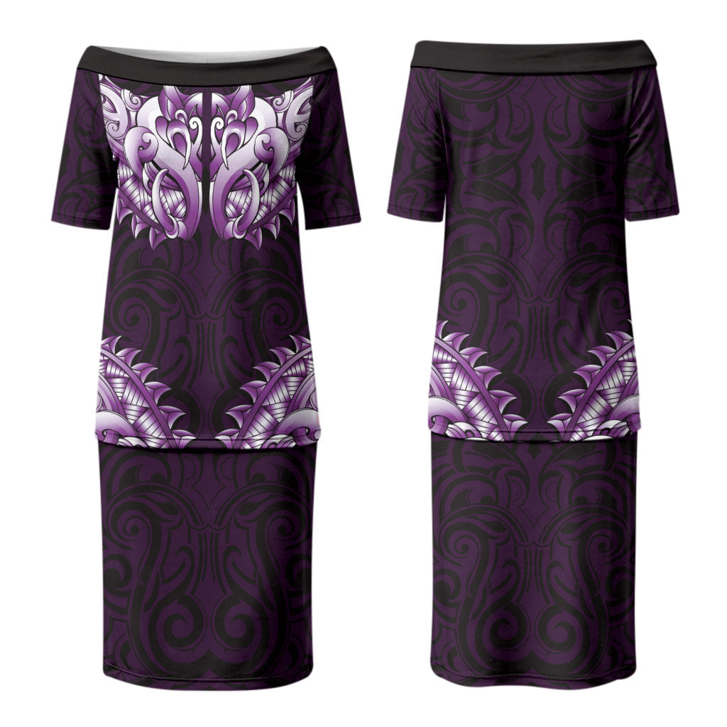 New Zealand Ta Moko Family Matching Puletasi and Hawaiian Shirt Aotearoa Maori Chest Tattoo Purple LT14 Mom's Dress Purple - Polynesian Pride