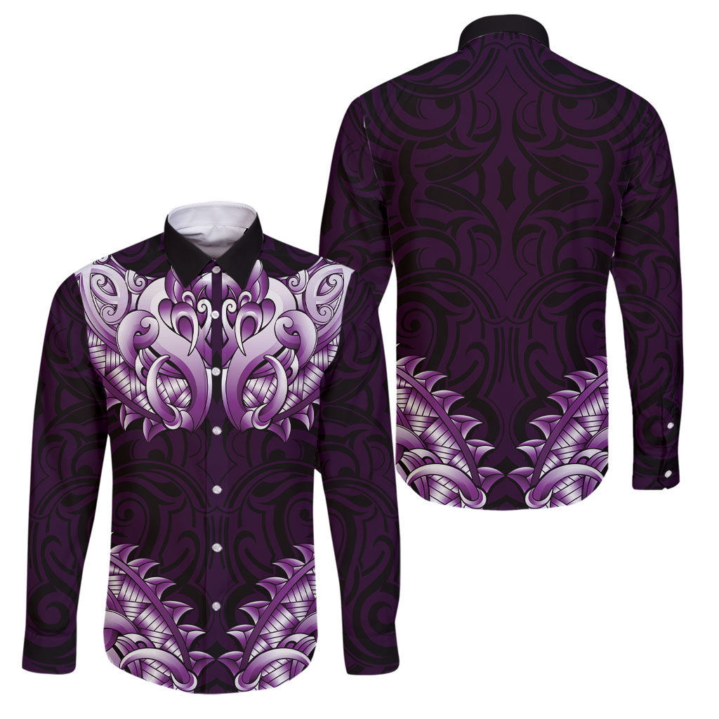 New Zealand Ta Moko Family Matching Short Sleeve Bodycon Dress and Hawaiian Shirt Aotearoa Maori Chest Tattoo Purple LT14 Dad's Shirt - Long Sleeve Purple - Polynesian Pride