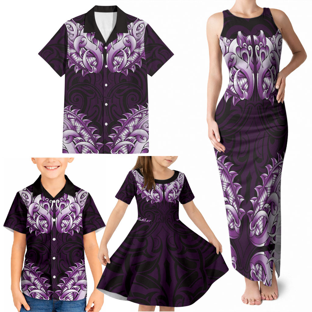 New Zealand Ta Moko Family Matching Tank Maxi Dress and Hawaiian Shirt Aotearoa Maori Chest Tattoo Purple LT14 - Polynesian Pride