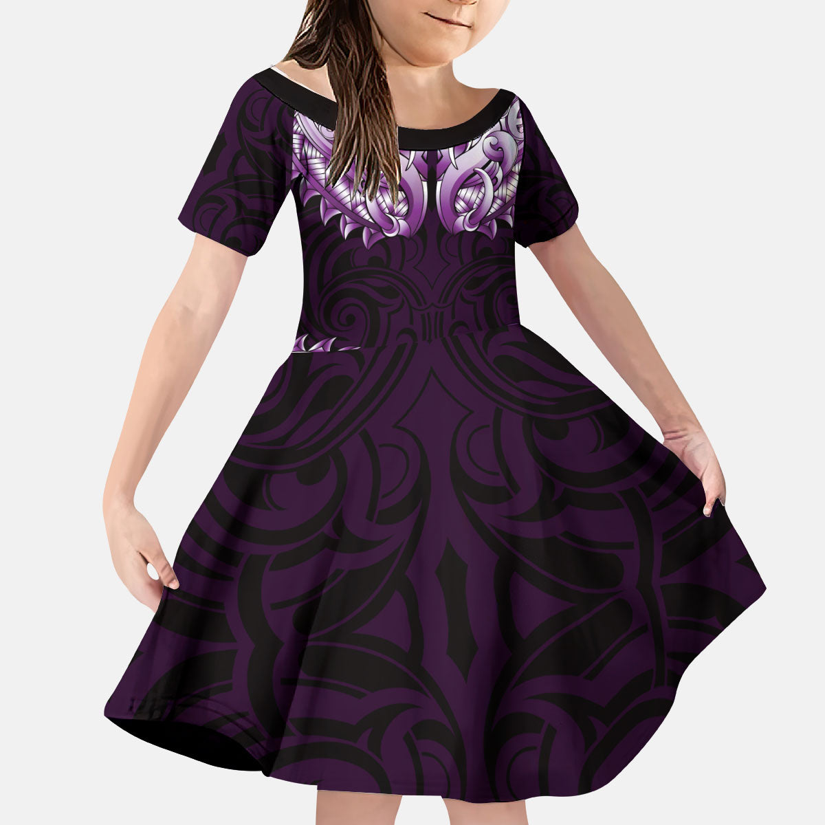 New Zealand Ta Moko Kid Short Sleeve Dress Aotearoa Maori Chest Tattoo Purple LT14 KID Purple - Polynesian Pride