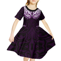 New Zealand Ta Moko Kid Short Sleeve Dress Aotearoa Maori Chest Tattoo Purple LT14 - Polynesian Pride