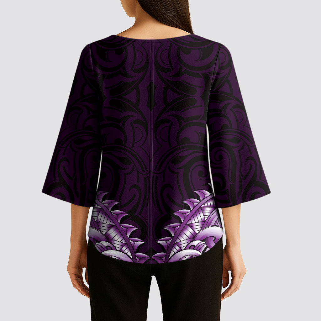 New Zealand Ta Moko Kimono Sleeve Blouse Aotearoa Maori Chest Tattoo Purple LT14 - Polynesian Pride
