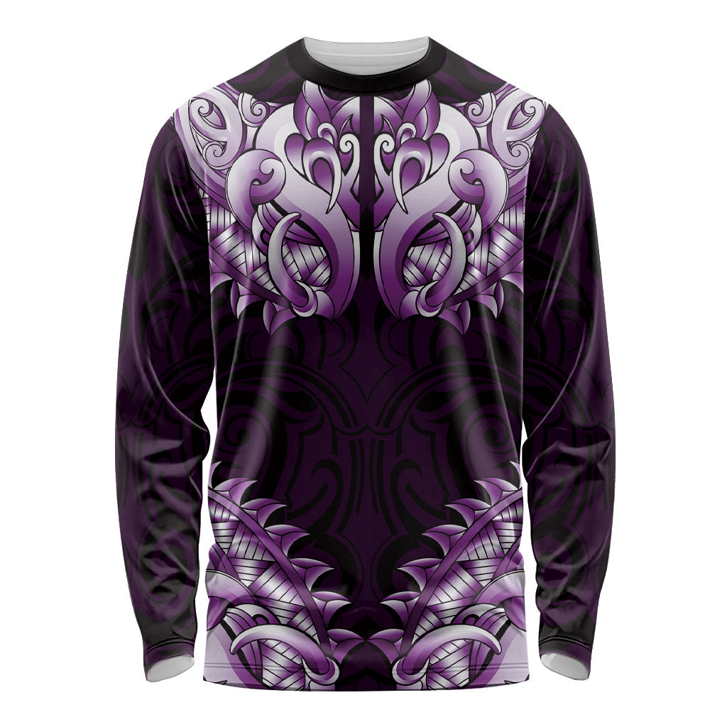 New Zealand Ta Moko Long Sleeve Shirt Aotearoa Maori Chest Tattoo Purple LT14 Unisex Purple - Polynesian Pride