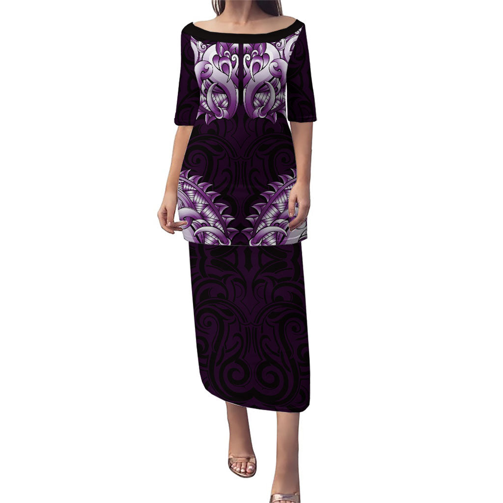 New Zealand Ta Moko Puletasi Aotearoa Maori Chest Tattoo Purple LT14 Long Dress Purple - Polynesian Pride