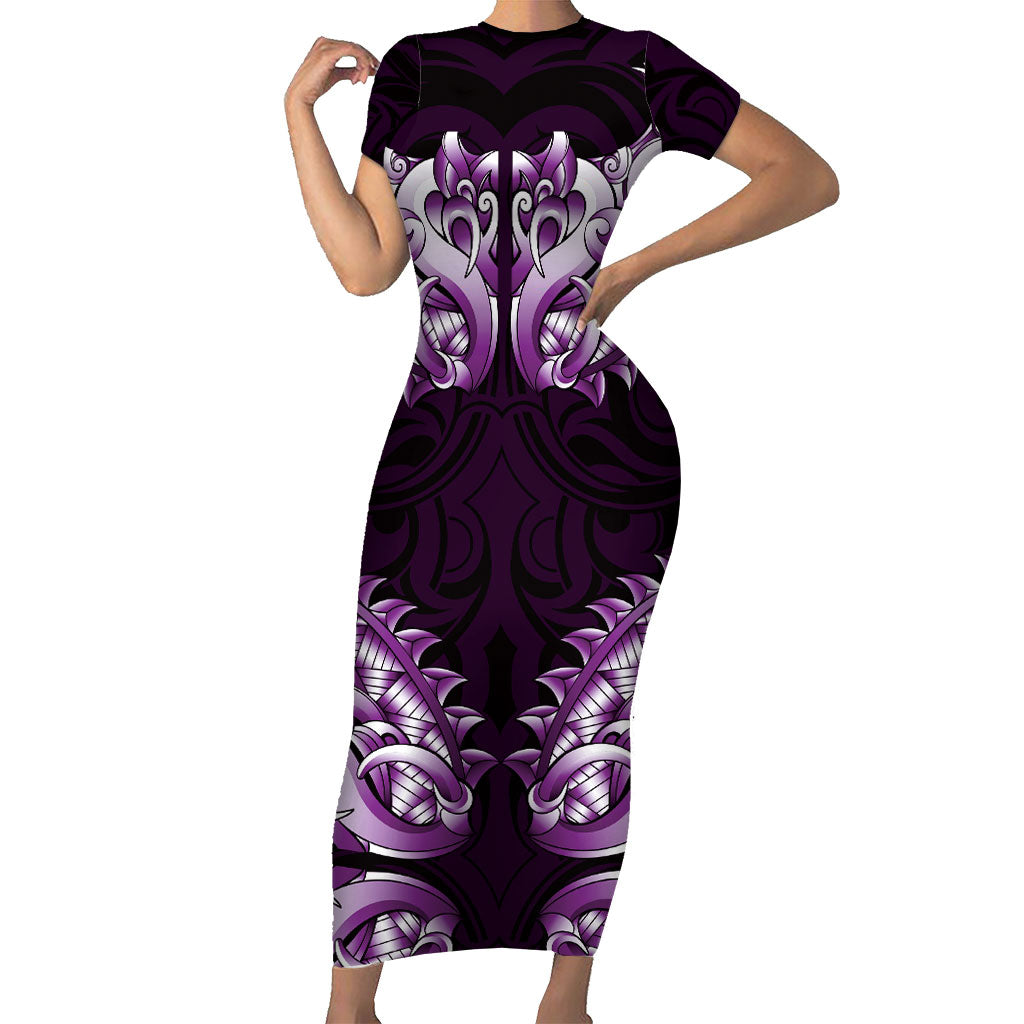 New Zealand Ta Moko Short Sleeve Bodycon Dress Aotearoa Maori Chest Tattoo Purple LT14 Long Dress Purple - Polynesian Pride