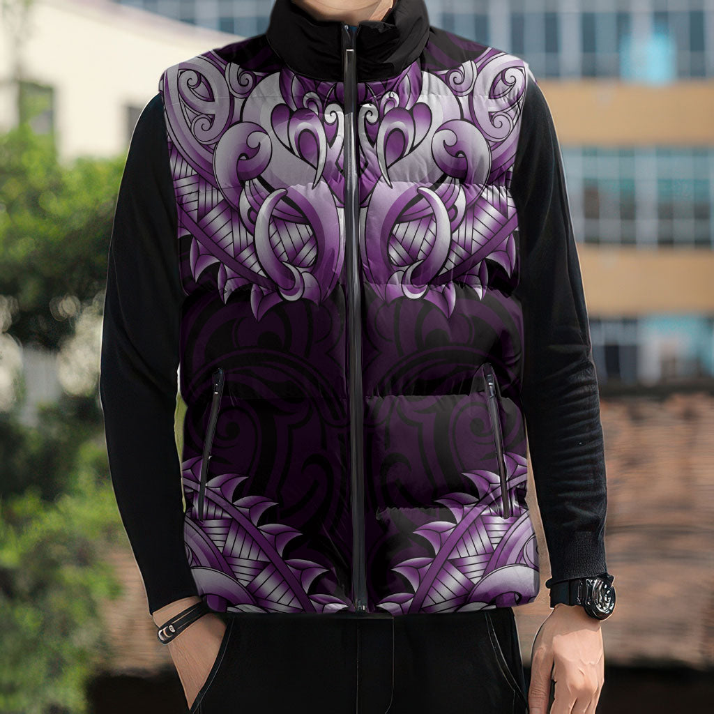New Zealand Ta Moko Sleeveless Puffer Jacket Aotearoa Maori Chest Tattoo Purple LT14 - Polynesian Pride