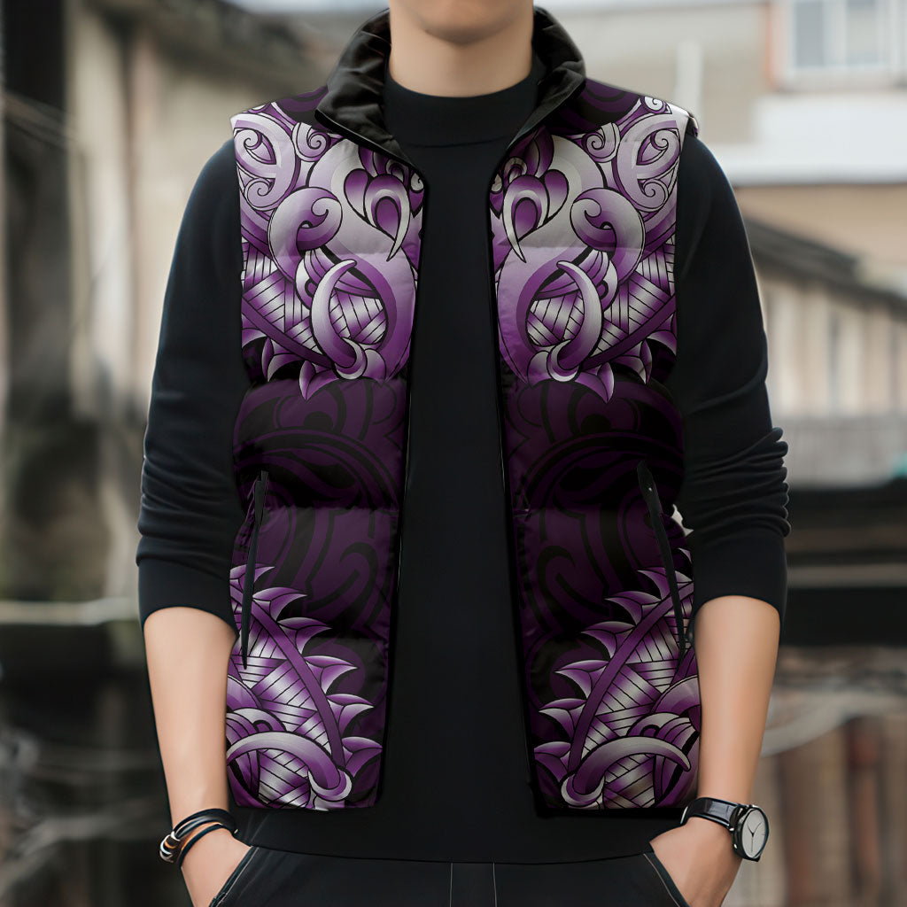 New Zealand Ta Moko Sleeveless Puffer Jacket Aotearoa Maori Chest Tattoo Purple LT14 - Polynesian Pride