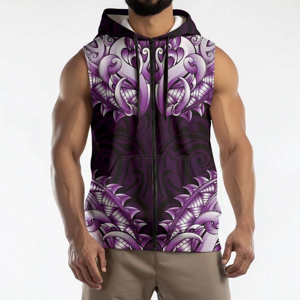 New Zealand Ta Moko Sleeveless Zip Hoodie Aotearoa Maori Chest Tattoo Purple LT14 - Polynesian Pride