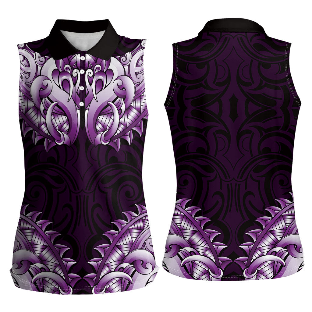 New Zealand Ta Moko Women Sleeveless Polo Shirt Aotearoa Maori Chest Tattoo Purple LT14 - Polynesian Pride