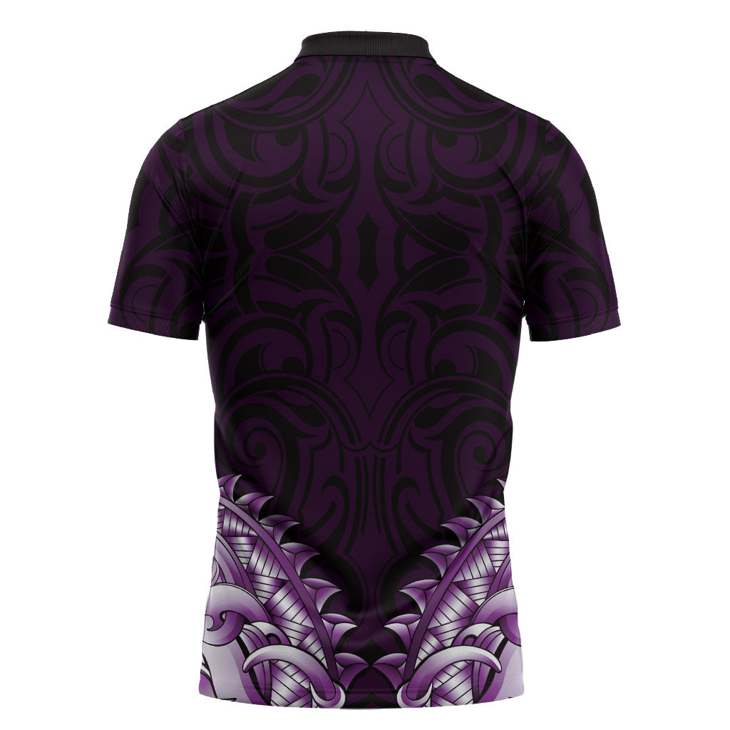 New Zealand Ta Moko Zipper Polo Shirt Aotearoa Maori Chest Tattoo Purple LT14 - Polynesian Pride