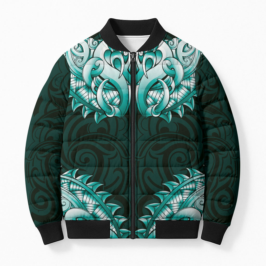 New Zealand Ta Moko Bomber Puffer Jacket Aotearoa Maori Chest Tattoo Turquoise LT14 Unisex Turquoise - Polynesian Pride