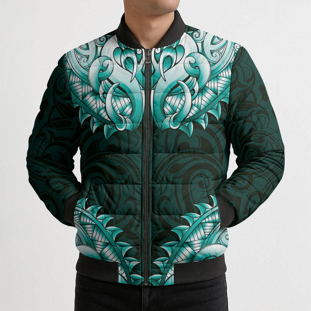 New Zealand Ta Moko Bomber Puffer Jacket Aotearoa Maori Chest Tattoo Turquoise LT14 - Polynesian Pride
