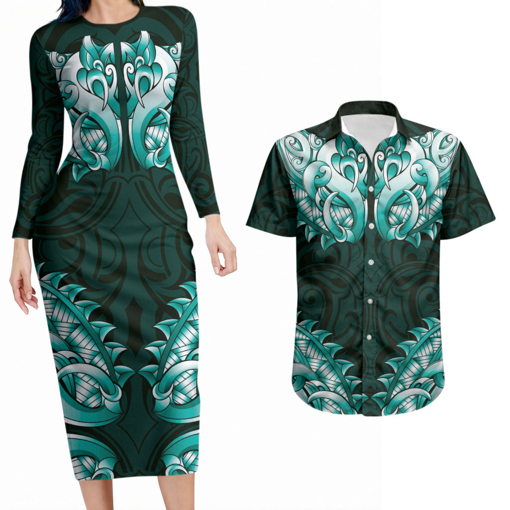 New Zealand Ta Moko Couples Matching Long Sleeve Bodycon Dress and Hawaiian Shirt Aotearoa Maori Chest Tattoo Turquoise LT14 Turquoise - Polynesian Pride
