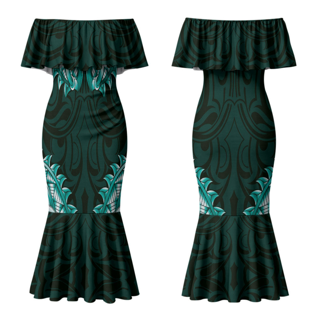 New Zealand Ta Moko Couples Matching Mermaid Dress and Hawaiian Shirt Aotearoa Maori Chest Tattoo Turquoise LT14 - Polynesian Pride