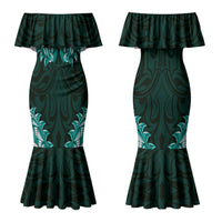 New Zealand Ta Moko Couples Matching Mermaid Dress and Hawaiian Shirt Aotearoa Maori Chest Tattoo Turquoise LT14 - Polynesian Pride
