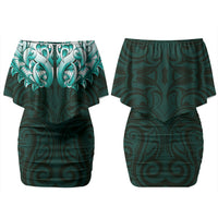 New Zealand Ta Moko Couples Matching Off Shoulder Short Dress and Hawaiian Shirt Aotearoa Maori Chest Tattoo Turquoise LT14 - Polynesian Pride