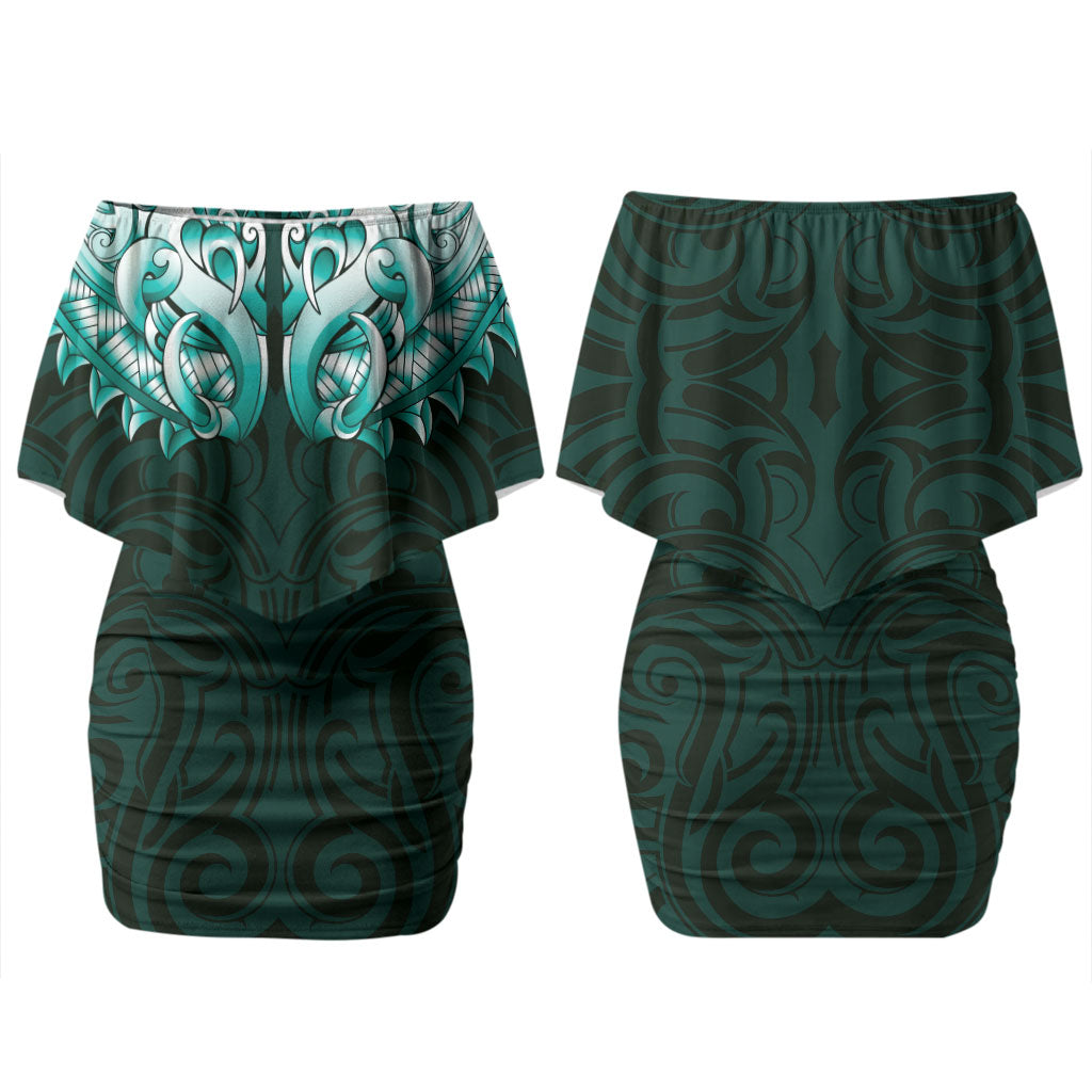 New Zealand Ta Moko Couples Matching Off Shoulder Short Dress and Long Sleeve Button Shirt Aotearoa Maori Chest Tattoo Turquoise LT14 - Polynesian Pride