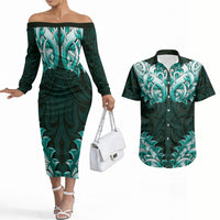New Zealand Ta Moko Couples Matching Off The Shoulder Long Sleeve Dress and Hawaiian Shirt Aotearoa Maori Chest Tattoo Turquoise LT14 Turquoise - Polynesian Pride