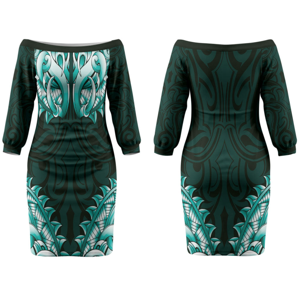 New Zealand Ta Moko Couples Matching Off The Shoulder Long Sleeve Dress and Hawaiian Shirt Aotearoa Maori Chest Tattoo Turquoise LT14 - Polynesian Pride