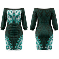 New Zealand Ta Moko Couples Matching Off The Shoulder Long Sleeve Dress and Hawaiian Shirt Aotearoa Maori Chest Tattoo Turquoise LT14 - Polynesian Pride