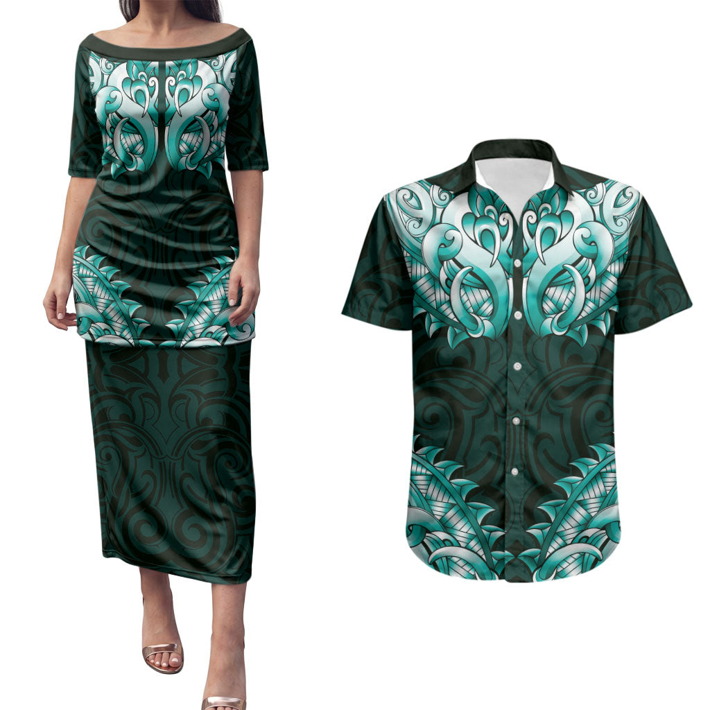 New Zealand Ta Moko Couples Matching Puletasi and Hawaiian Shirt Aotearoa Maori Chest Tattoo Turquoise LT14 Turquoise - Polynesian Pride