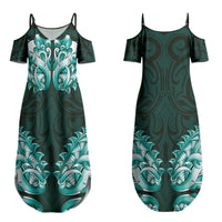 New Zealand Ta Moko Couples Matching Summer Maxi Dress and Hawaiian Shirt Aotearoa Maori Chest Tattoo Turquoise LT14 - Polynesian Pride