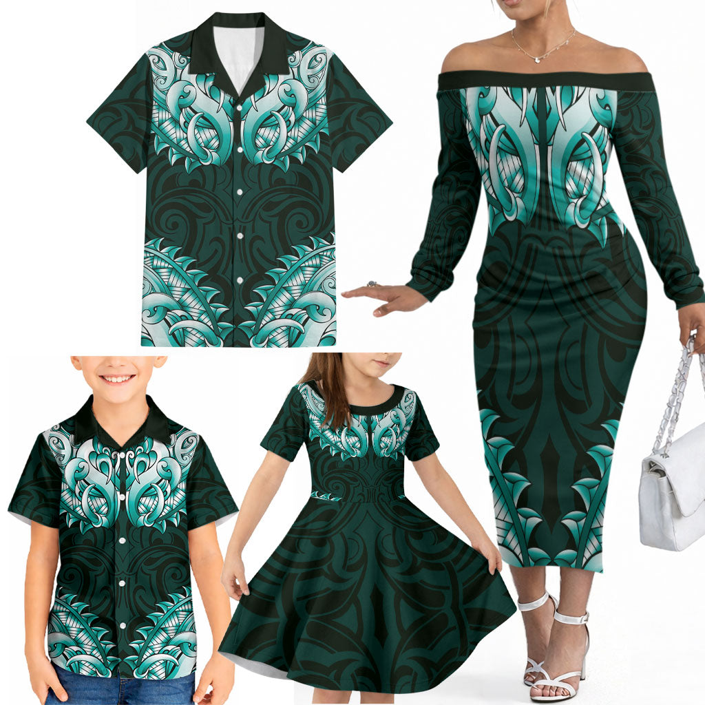 New Zealand Ta Moko Family Matching Off The Shoulder Long Sleeve Dress and Hawaiian Shirt Aotearoa Maori Chest Tattoo Turquoise LT14 - Polynesian Pride