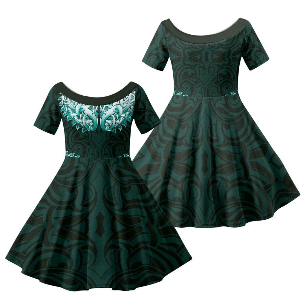 New Zealand Ta Moko Family Matching Off Shoulder Maxi Dress and Hawaiian Shirt Aotearoa Maori Chest Tattoo Turquoise LT14 Daughter's Dress Turquoise - Polynesian Pride