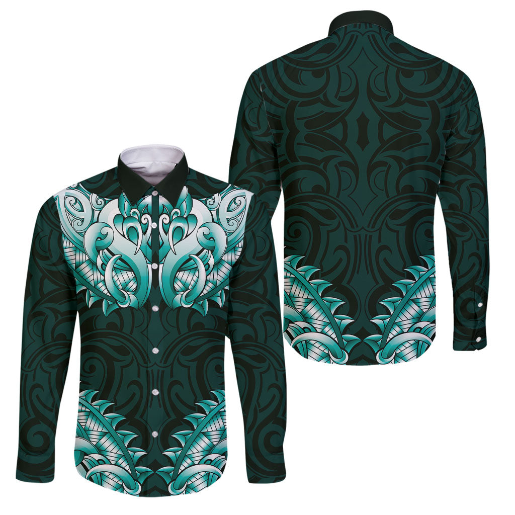 New Zealand Ta Moko Family Matching Off Shoulder Short Dress and Hawaiian Shirt Aotearoa Maori Chest Tattoo Turquoise LT14 Dad's Shirt - Long Sleeve Turquoise - Polynesian Pride