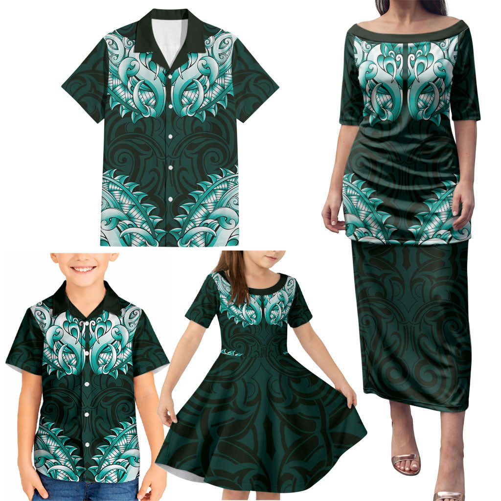 New Zealand Ta Moko Family Matching Puletasi and Hawaiian Shirt Aotearoa Maori Chest Tattoo Turquoise LT14 - Polynesian Pride