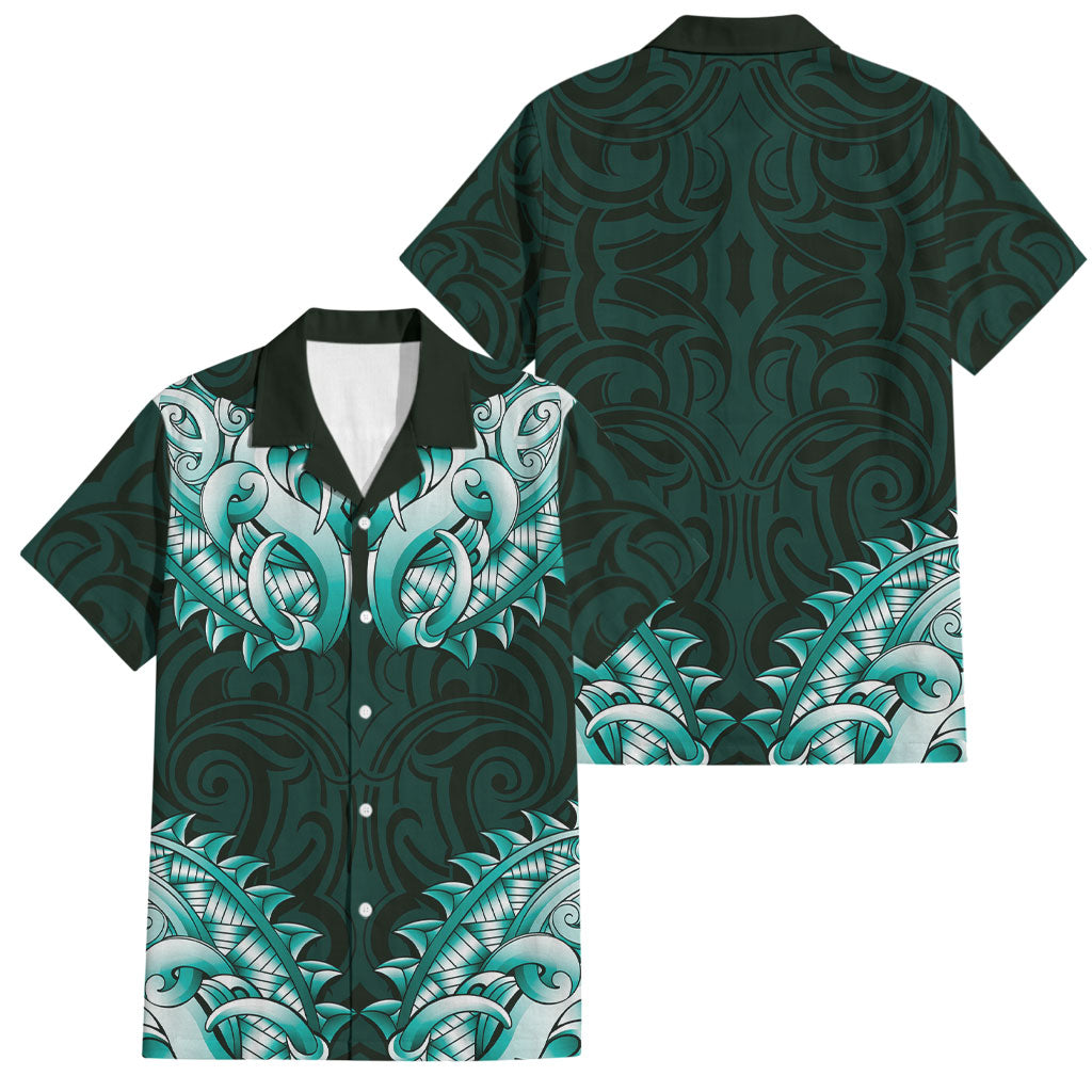 New Zealand Ta Moko Family Matching Short Sleeve Bodycon Dress and Hawaiian Shirt Aotearoa Maori Chest Tattoo Turquoise LT14 Dad's Shirt - Short Sleeve Turquoise - Polynesian Pride