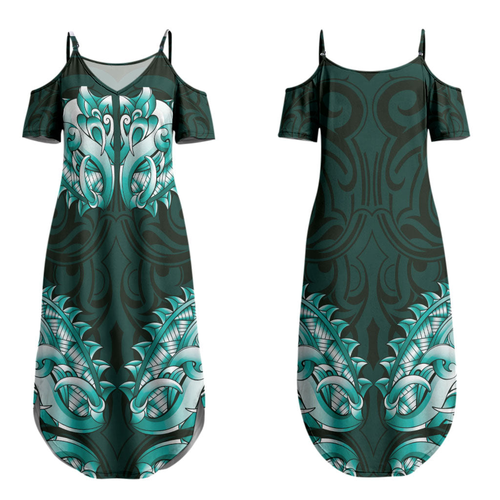 New Zealand Ta Moko Family Matching Summer Maxi Dress and Hawaiian Shirt Aotearoa Maori Chest Tattoo Turquoise LT14 Mom's Dress Turquoise - Polynesian Pride