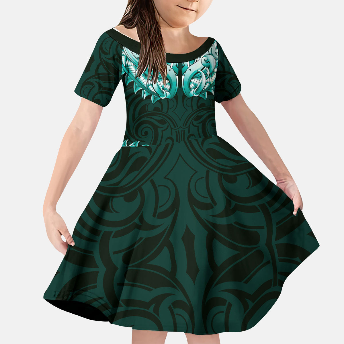 New Zealand Ta Moko Kid Short Sleeve Dress Aotearoa Maori Chest Tattoo Turquoise LT14 KID Turquoise - Polynesian Pride