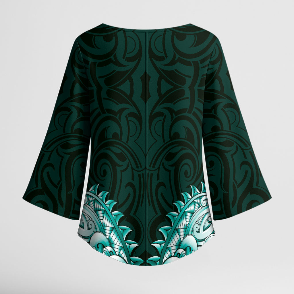 New Zealand Ta Moko Kimono Sleeve Blouse Aotearoa Maori Chest Tattoo Turquoise LT14 - Polynesian Pride