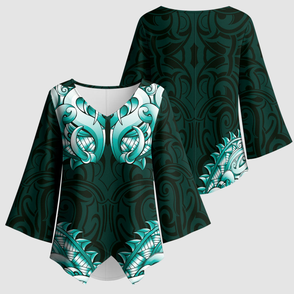 New Zealand Ta Moko Kimono Sleeve Blouse Aotearoa Maori Chest Tattoo Turquoise LT14 - Polynesian Pride