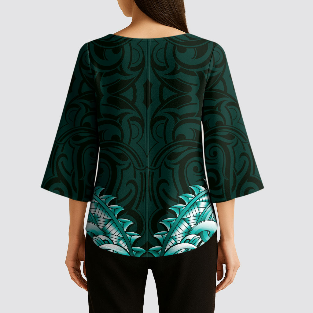 New Zealand Ta Moko Kimono Sleeve Blouse Aotearoa Maori Chest Tattoo Turquoise LT14 - Polynesian Pride