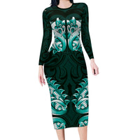 New Zealand Ta Moko Long Sleeve Bodycon Dress Aotearoa Maori Chest Tattoo Turquoise LT14 Long Dress Turquoise - Polynesian Pride