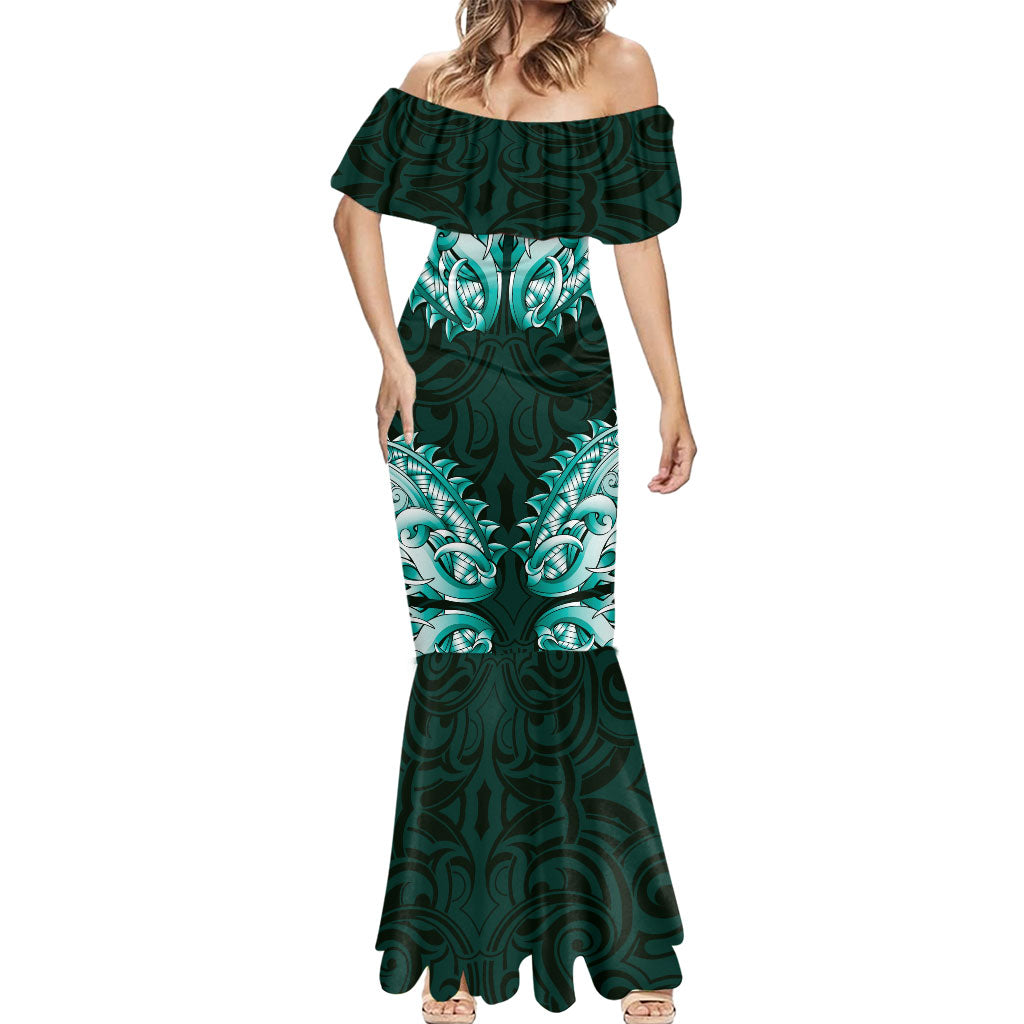New Zealand Ta Moko Mermaid Dress Aotearoa Maori Chest Tattoo Turquoise LT14 - Polynesian Pride