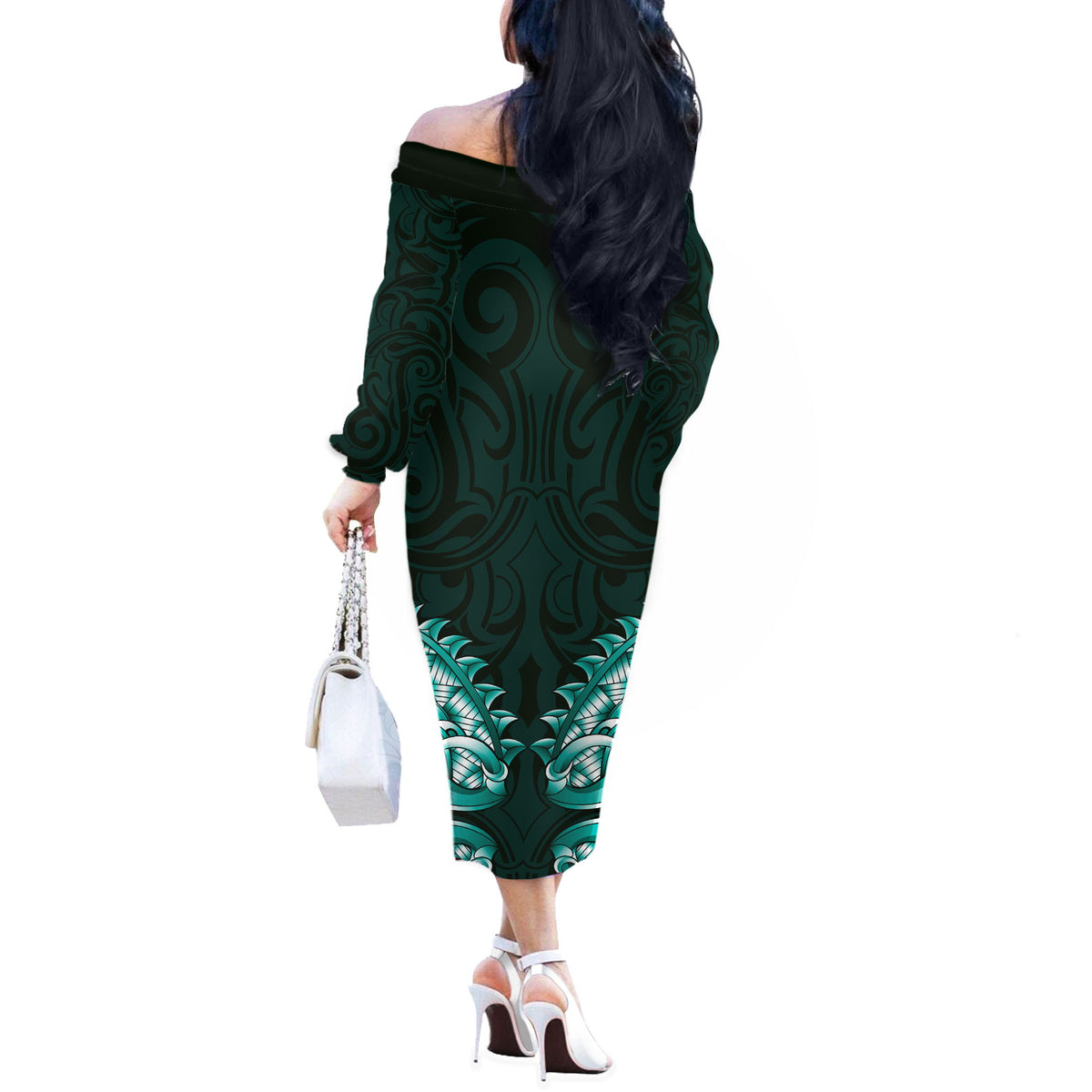 New Zealand Ta Moko Off The Shoulder Long Sleeve Dress Aotearoa Maori Chest Tattoo Turquoise LT14 - Polynesian Pride