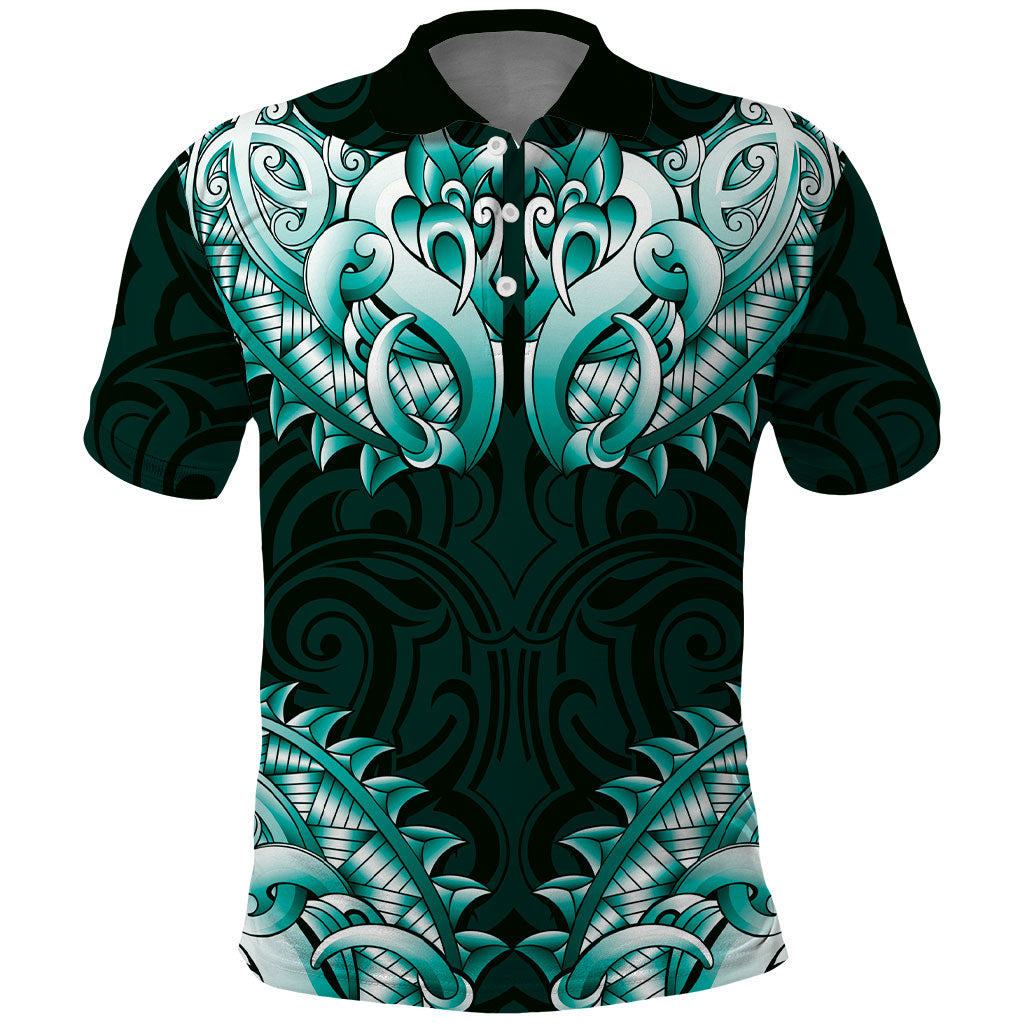 New Zealand Ta Moko Polo Shirt Aotearoa Maori Chest Tattoo Turquoise LT14 Turquoise - Polynesian Pride