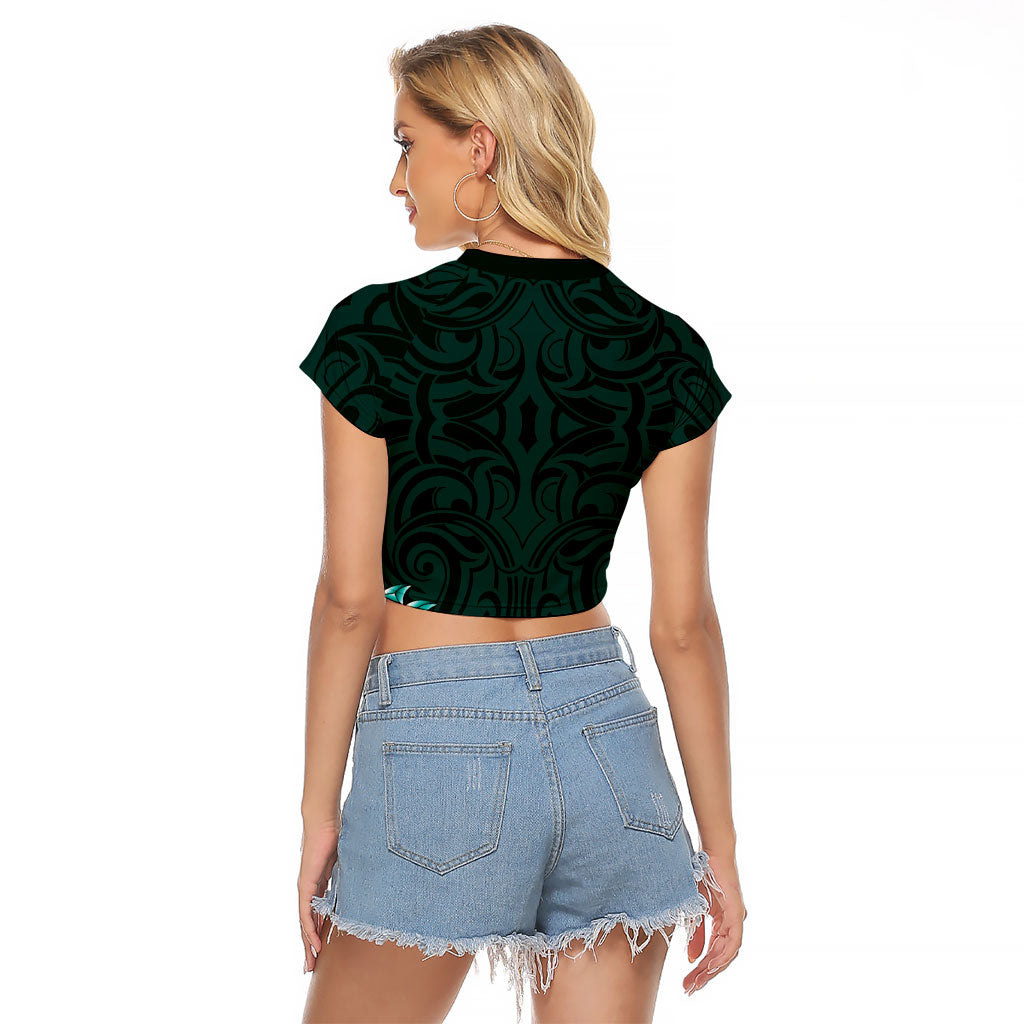 New Zealand Ta Moko Raglan Cropped T Shirt Aotearoa Maori Chest Tattoo Turquoise LT14 - Polynesian Pride