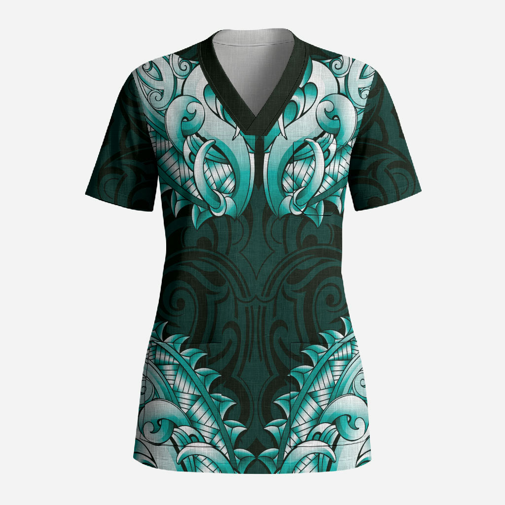 New Zealand Ta Moko Scrub Top Aotearoa Maori Chest Tattoo Turquoise LT14 Adult Turquoise - Polynesian Pride
