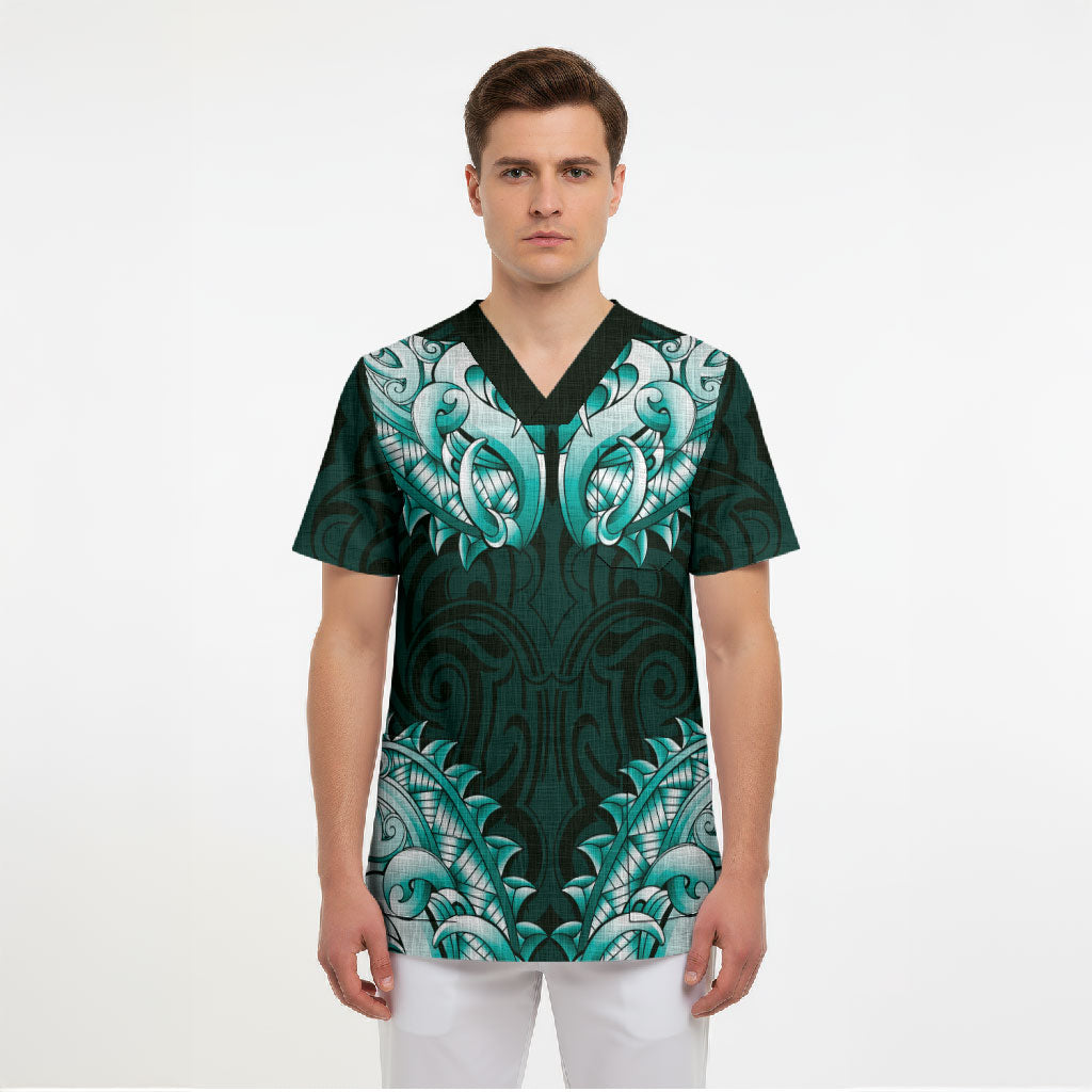 New Zealand Ta Moko Scrub Top Aotearoa Maori Chest Tattoo Turquoise LT14 - Polynesian Pride