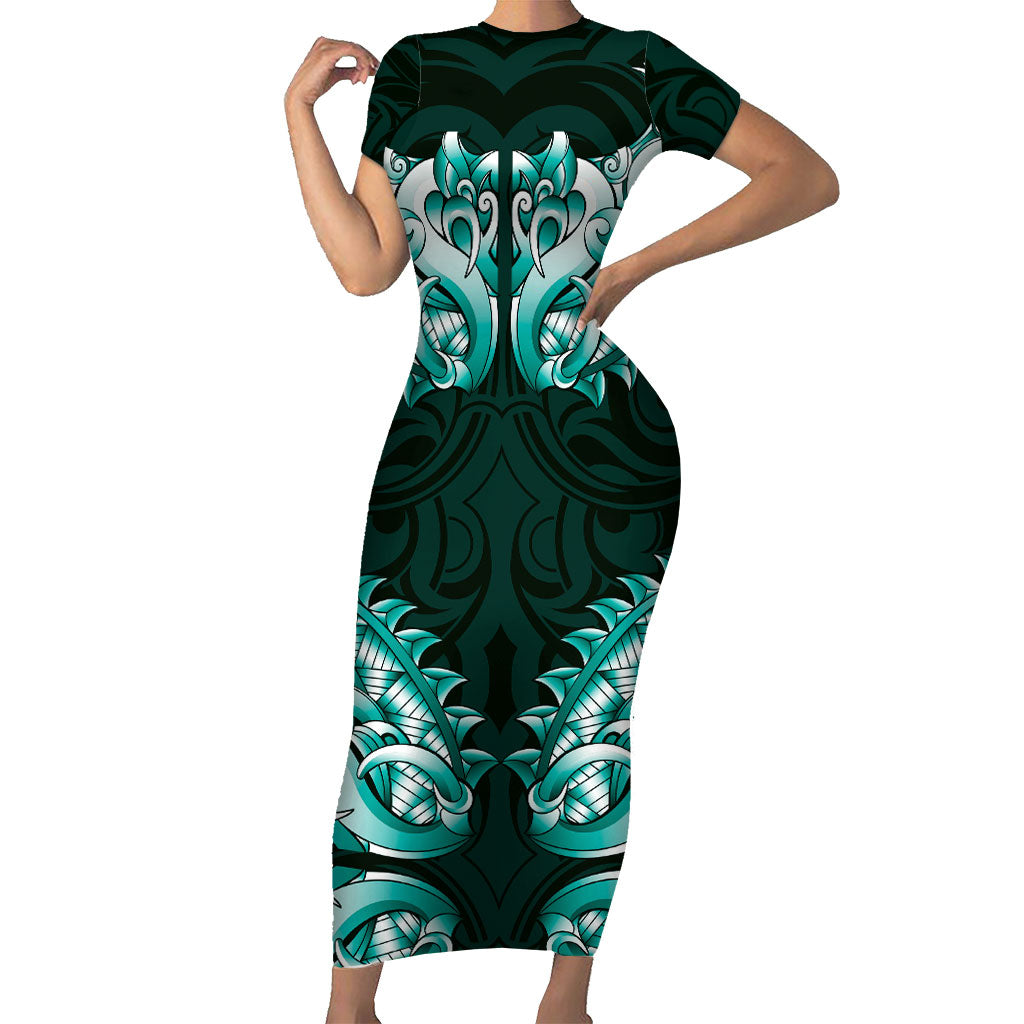 New Zealand Ta Moko Short Sleeve Bodycon Dress Aotearoa Maori Chest Tattoo Turquoise LT14 Long Dress Turquoise - Polynesian Pride