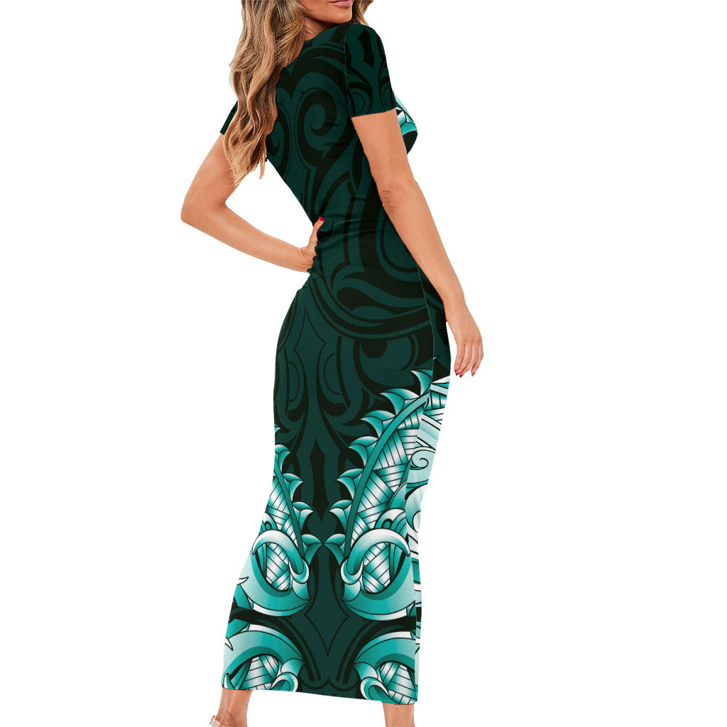 New Zealand Ta Moko Short Sleeve Bodycon Dress Aotearoa Maori Chest Tattoo Turquoise LT14 - Polynesian Pride