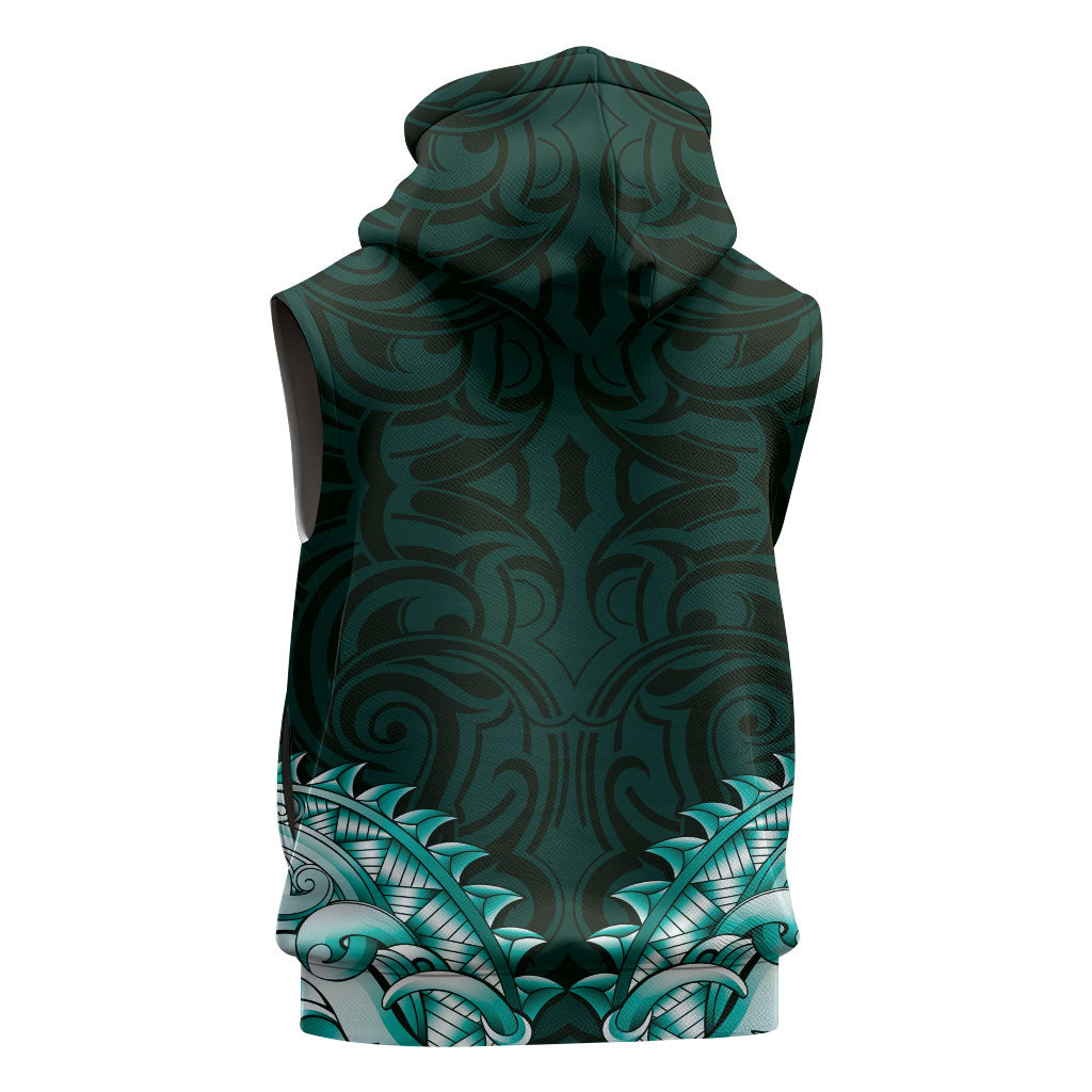 New Zealand Ta Moko Sleeveless Hoodie Aotearoa Maori Chest Tattoo Turquoise LT14 - Polynesian Pride