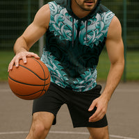 New Zealand Ta Moko Sleeveless Hoodie Aotearoa Maori Chest Tattoo Turquoise LT14 - Polynesian Pride