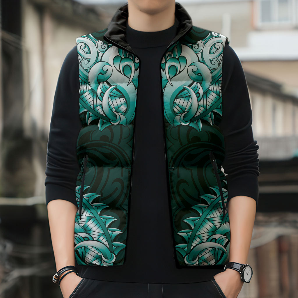 New Zealand Ta Moko Sleeveless Puffer Jacket Aotearoa Maori Chest Tattoo Turquoise LT14 - Polynesian Pride